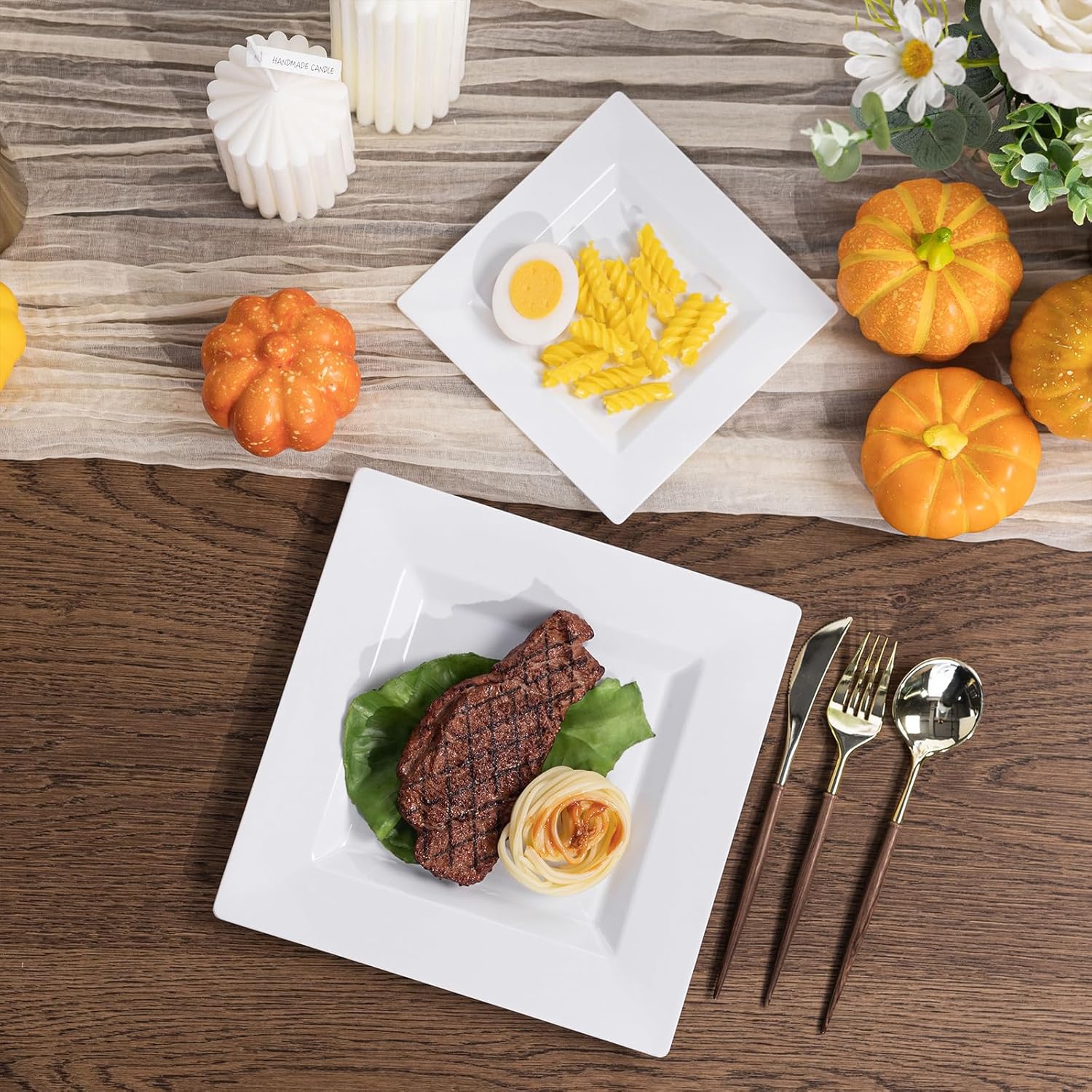 60PCS White Square Plastic Plates, 30 Dinner & 30 Dessert Plates Heavy Duty, Fancy Disposable Plates for Party, Wedding and other Events